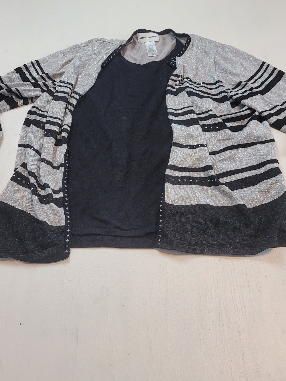 Alfred Dunner Black and Gray Striped Open Cardigan